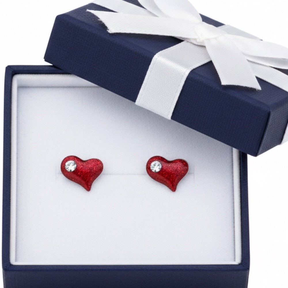 Sterling Silver Red Heart Stud Earrings